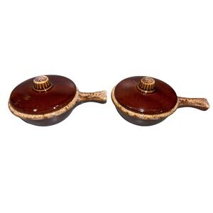 Vtg 60s Hull Brown Drip Glaze Soup‎ Stew Chili Bowl with Handle Lid Set Of 2